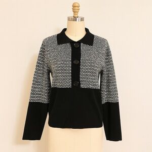 Vtg Paola Davoli Chevron Black Collared Collared Sweater Made in Italy L